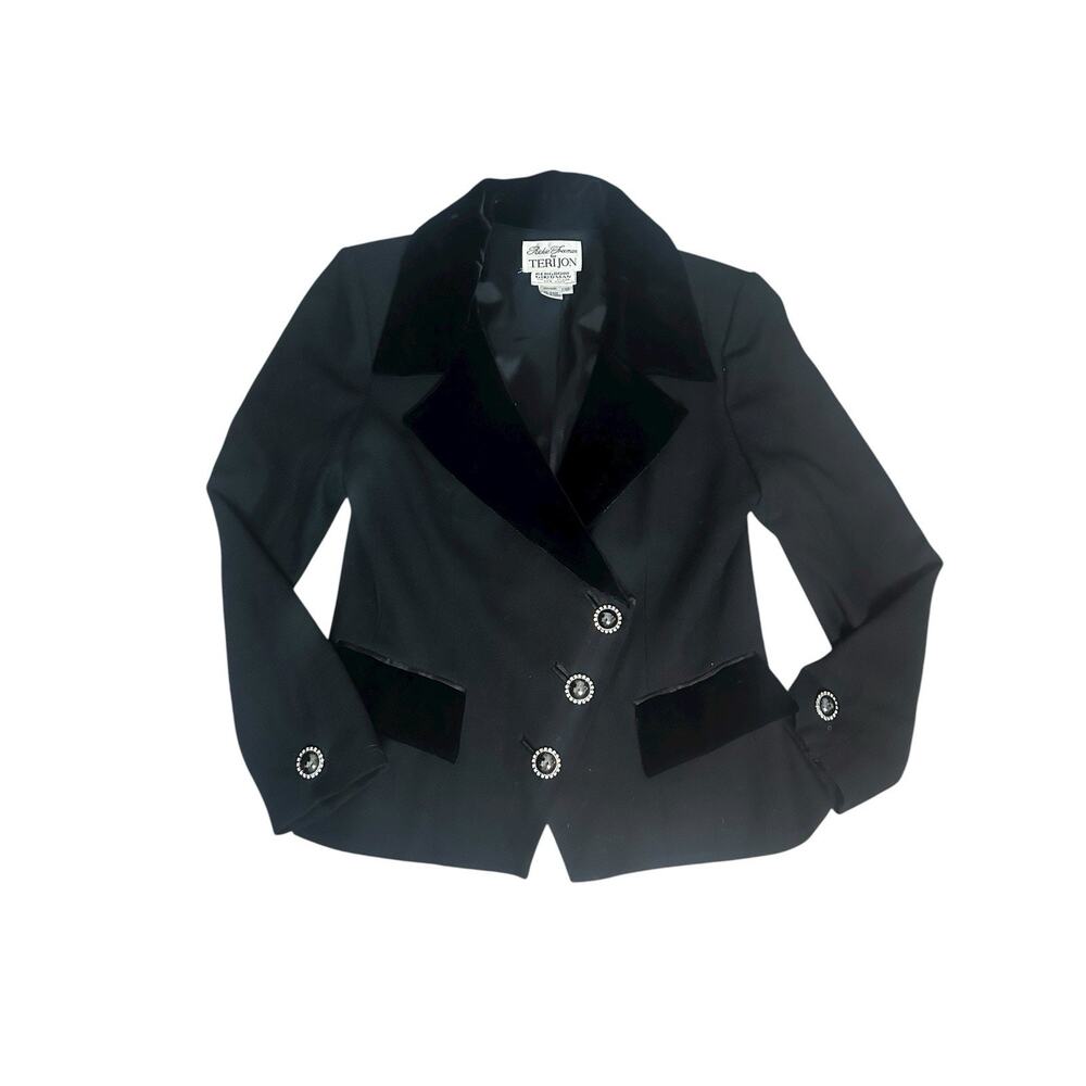 VTG Rickie Freeman Teri Jon Wool Velvet Trim Asymmetric Rhinestone Button Jacket
